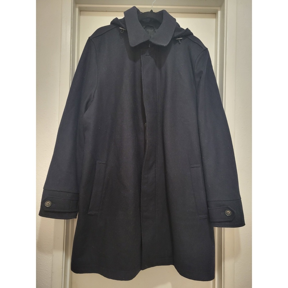 Polo Ralph Lauren Men Wool Coat Black Button Zip Front Removable Hood Classic L
